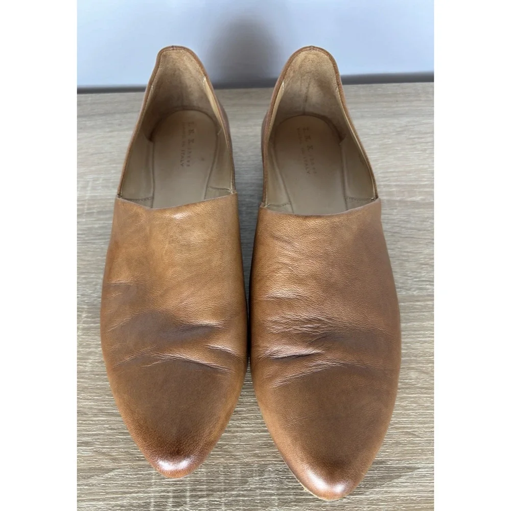 I.N.K. Shoes Made in Italy Cognac Leather Loafers Slip On Flats Burnished Sz 9.5